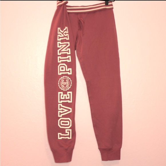 PINK mauve and white fold-over sweatpants with drawstring waist - Picture 2 of 3